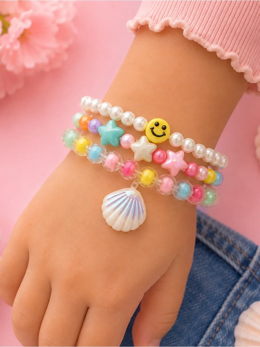 Mermaid Bracelet Set for Girls | Smiley Face & Shell Charm Stackable NEW